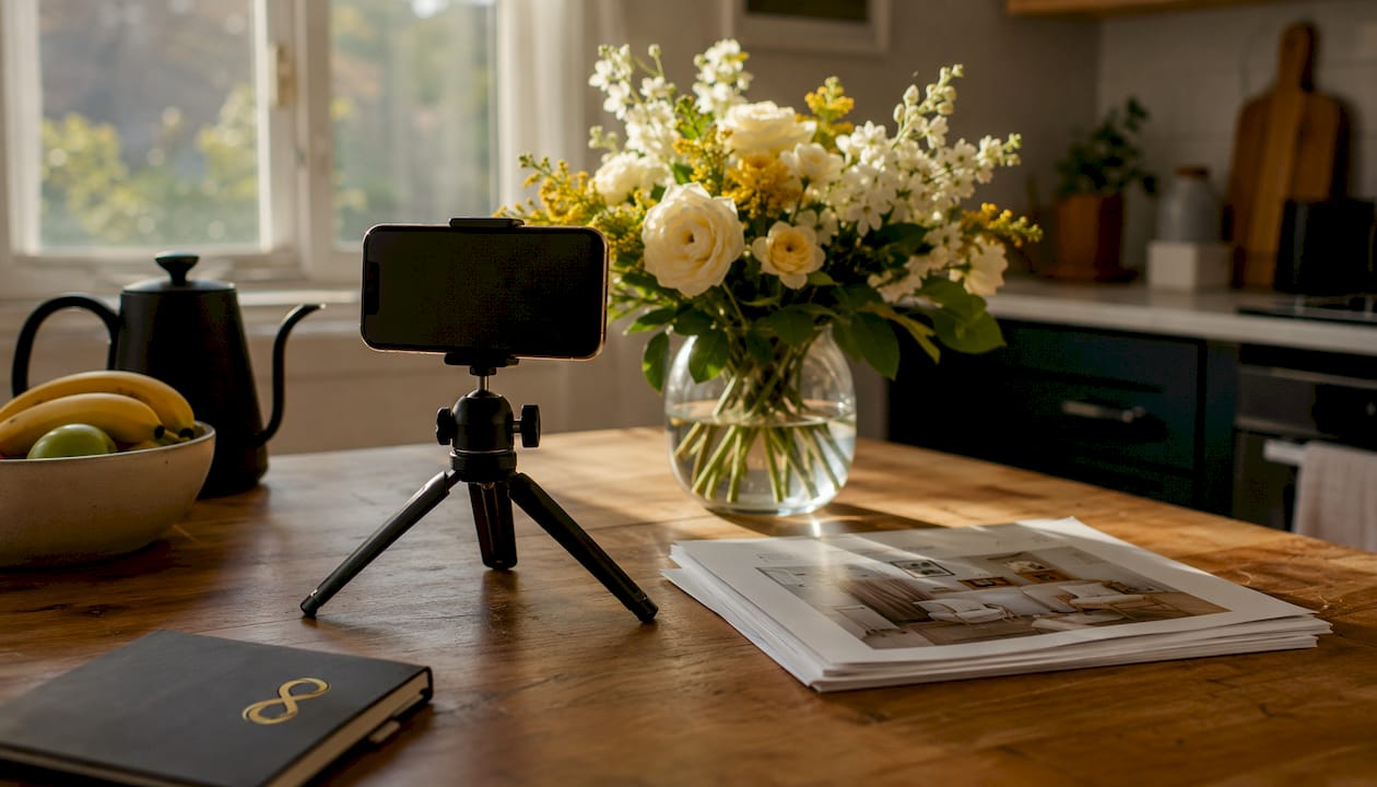 Smartphone on desk prepared for listing photos