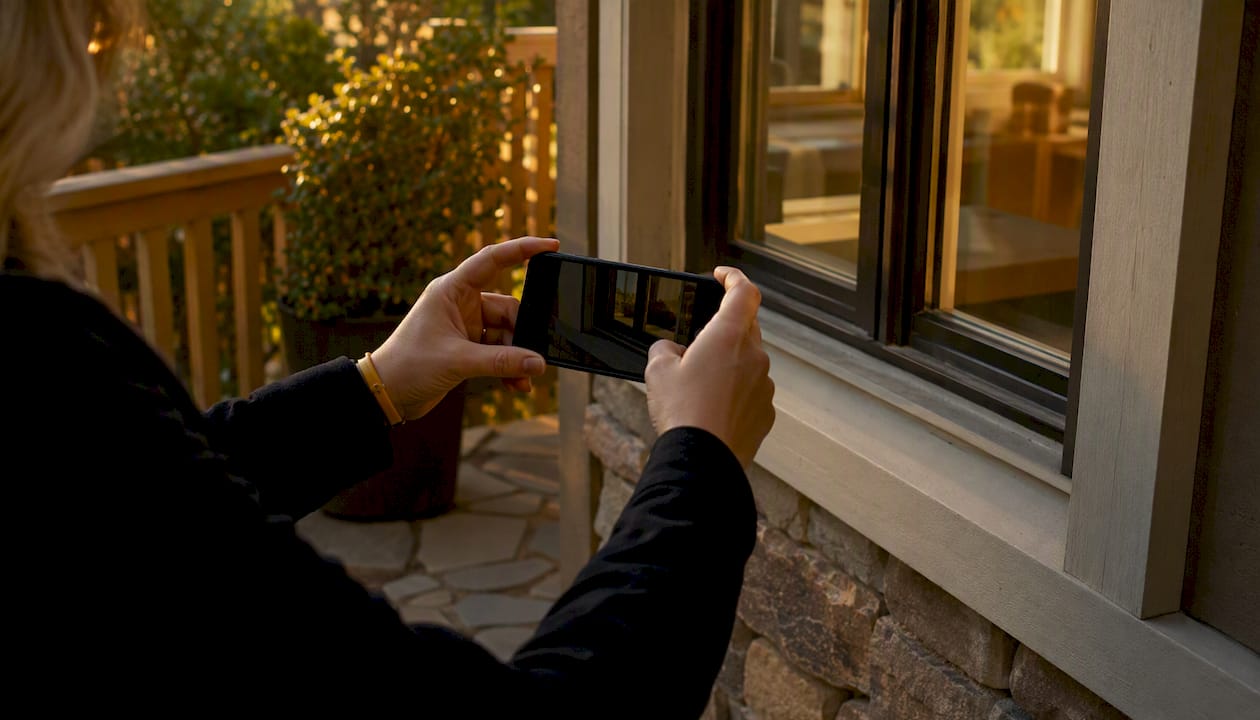 Phone held sideways photographing window exterior casing