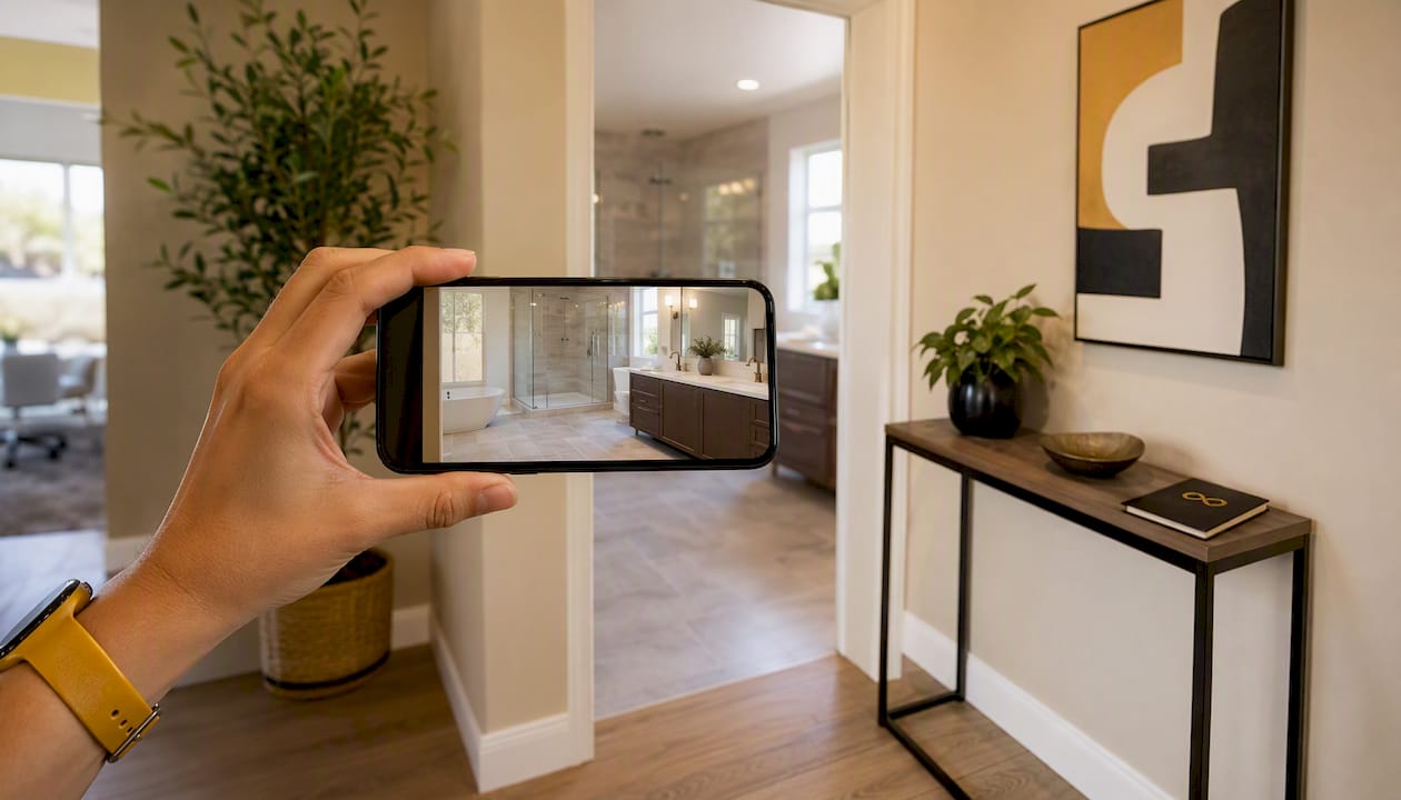 Mobile phone held sideways capturing bathroom renovation image