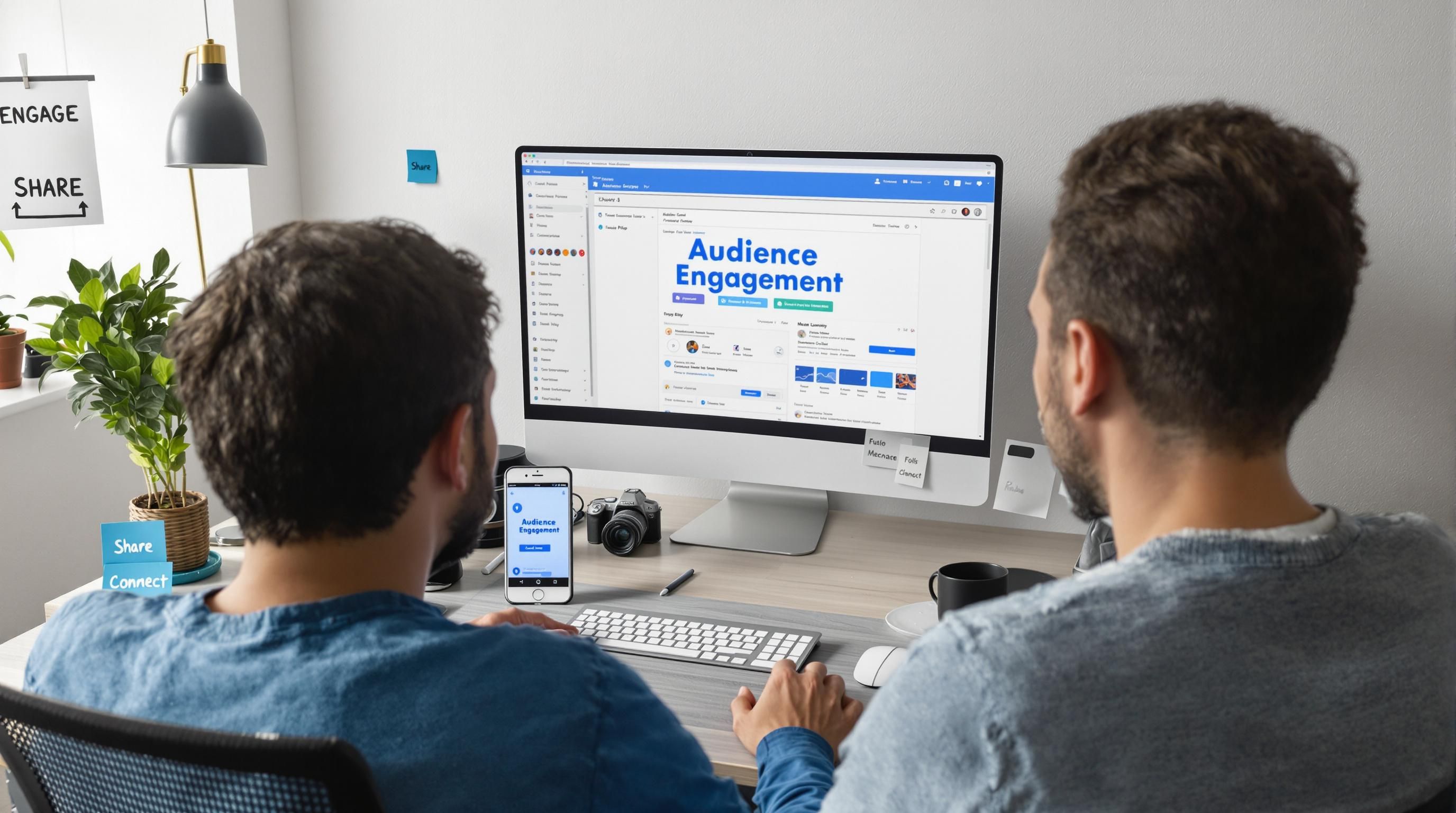 Content creator managing social posts and live poll for audience engagement
