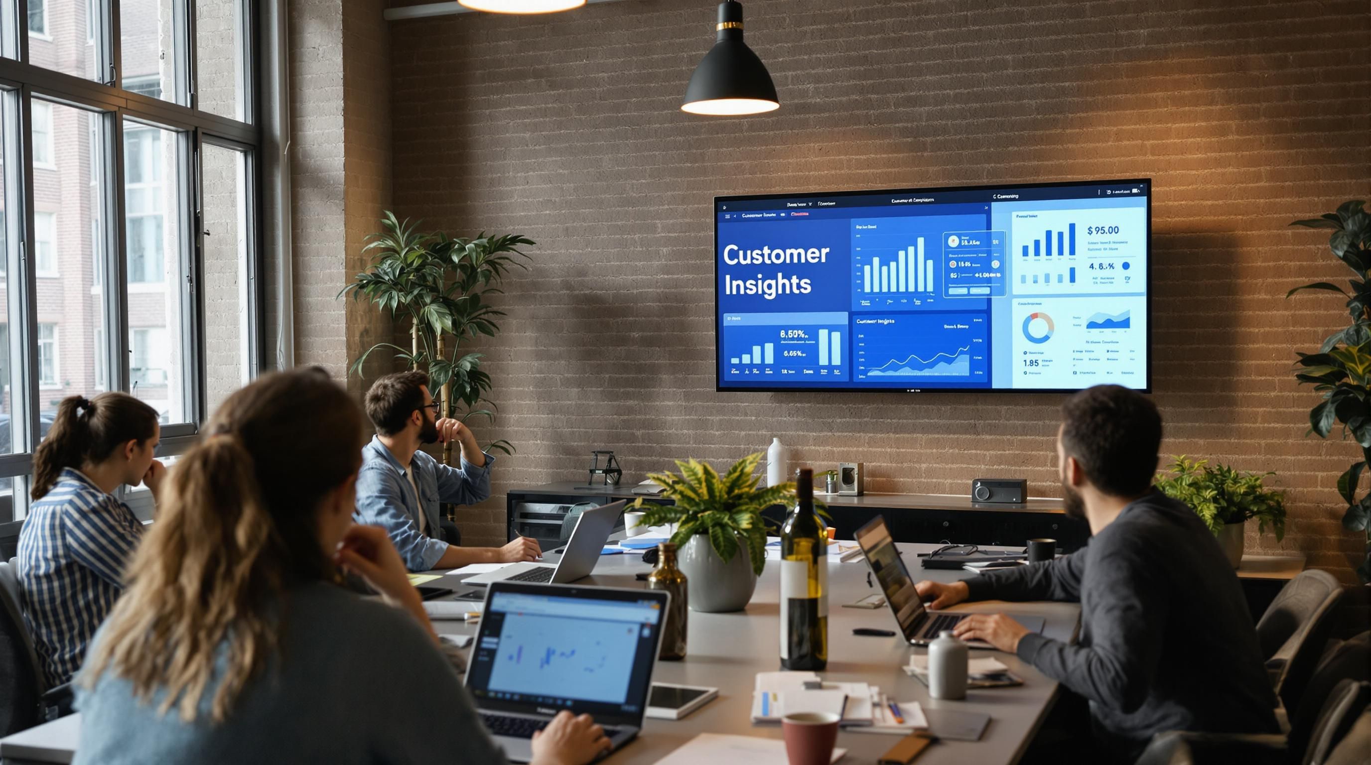 Marketers brainstorming in agency viewing customer insights dashboard