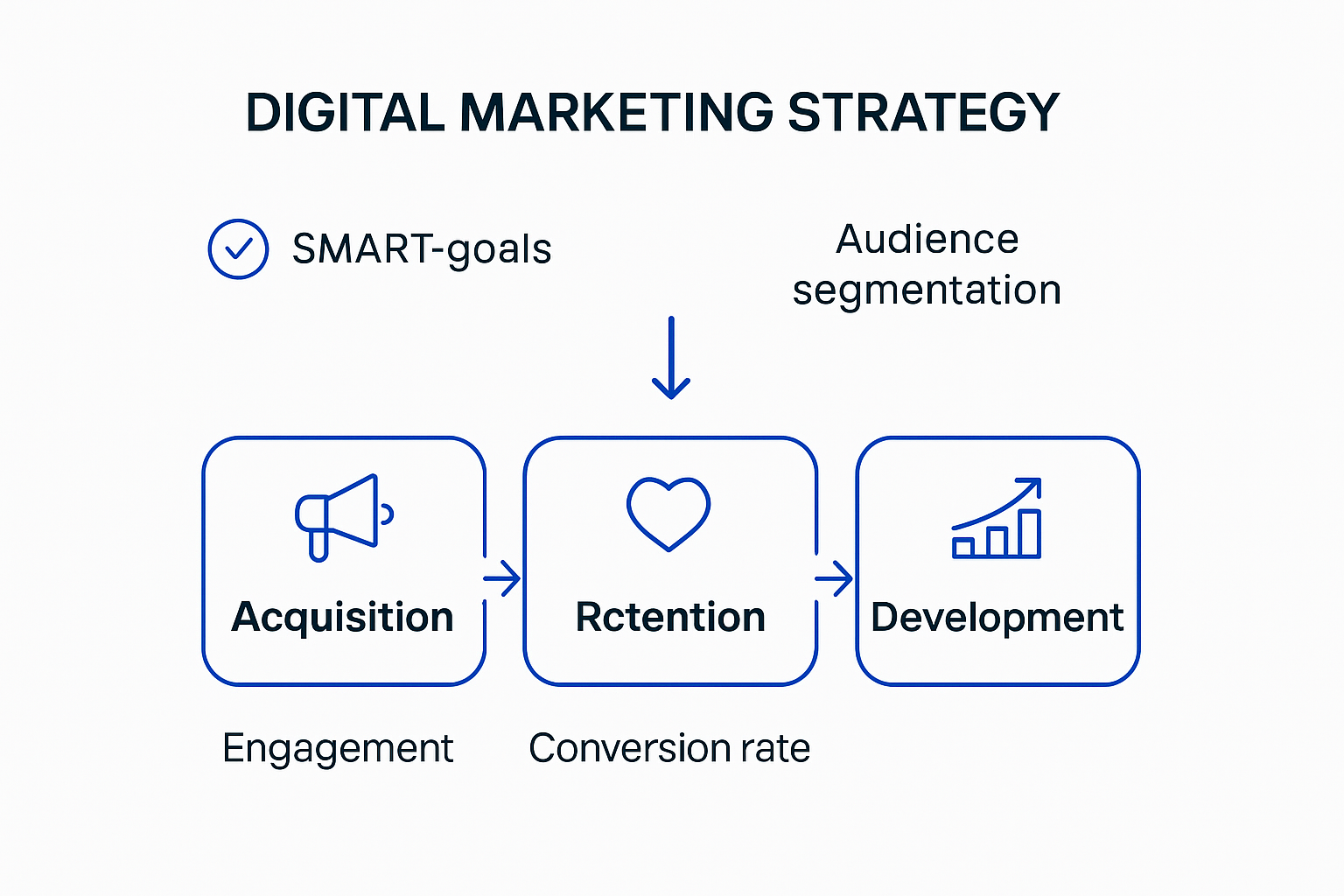 Digital marketing strategy phases and key metrics infographic
