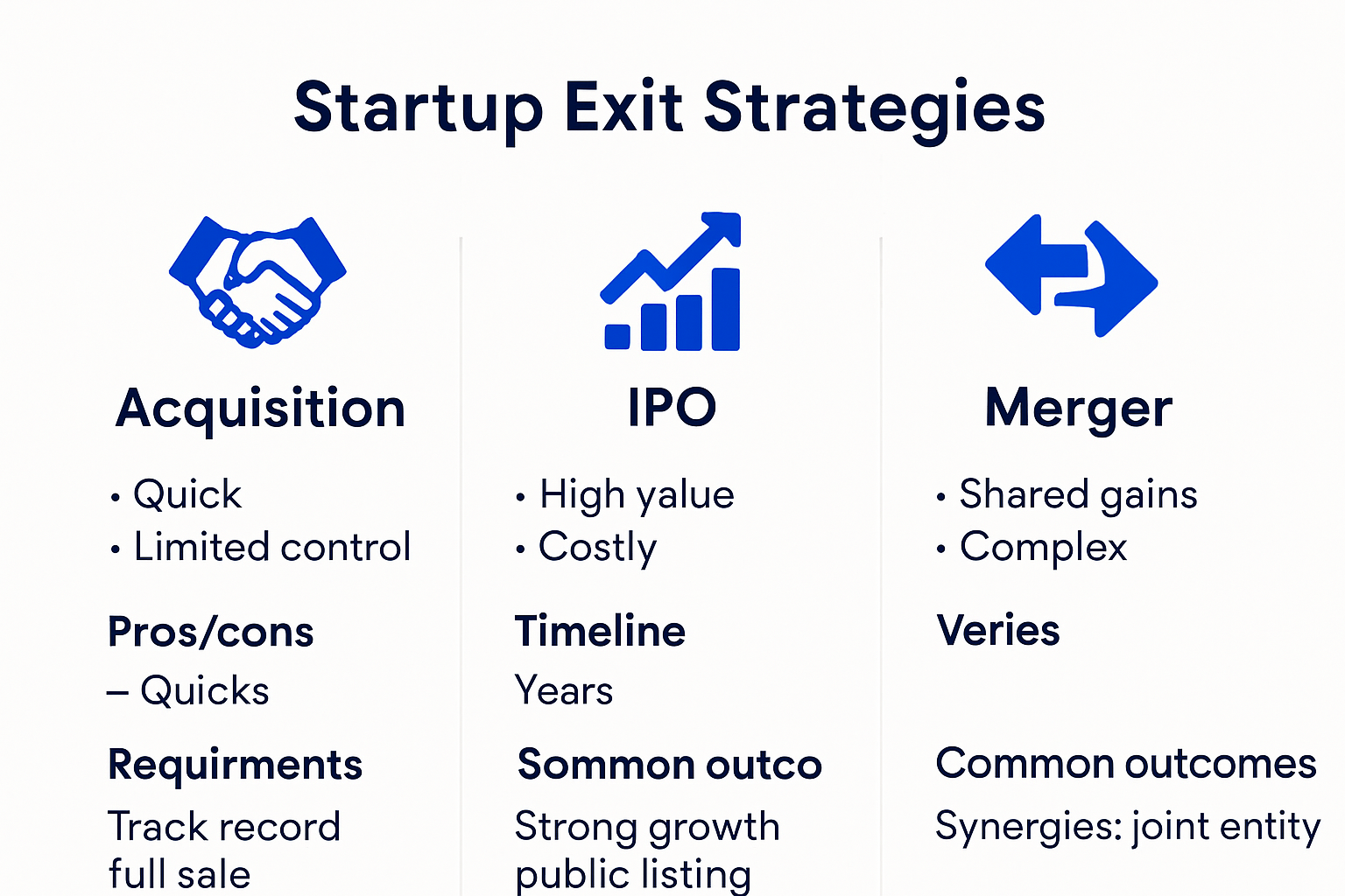 Comparison infographic showing acquisition, IPO, and merger for startup exits