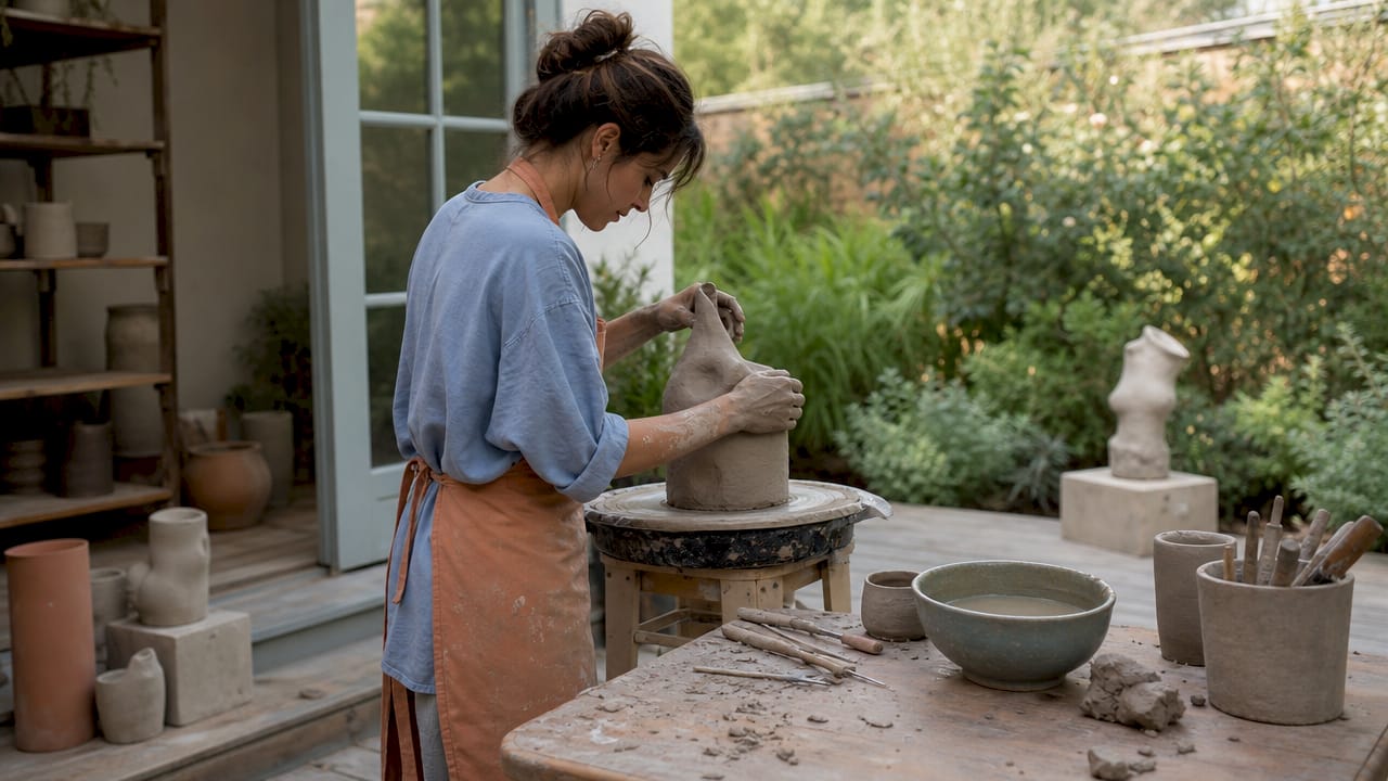 Hands shaping clay sculpture in artisan workshop