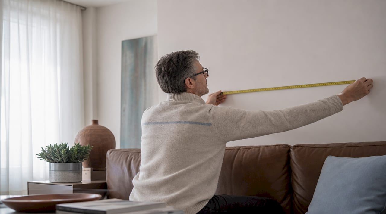 Man measuring wall space above sofa