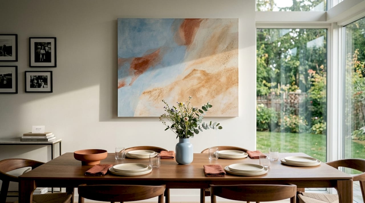 Oversized canvas art centered above modern sofa