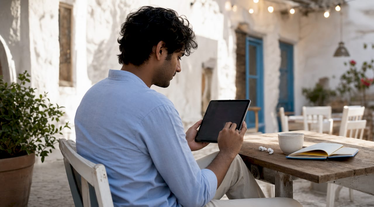 Man discovering music on Bandcamp tablet