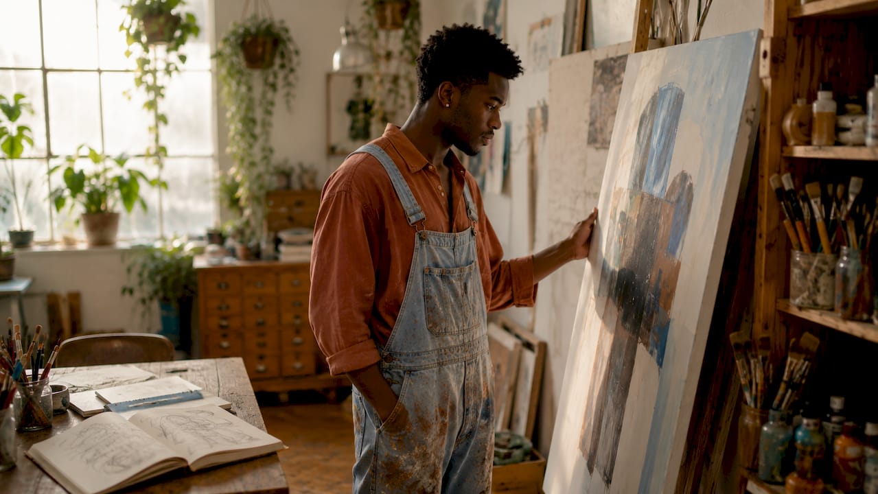 Artist's studio with paintings and art supplies