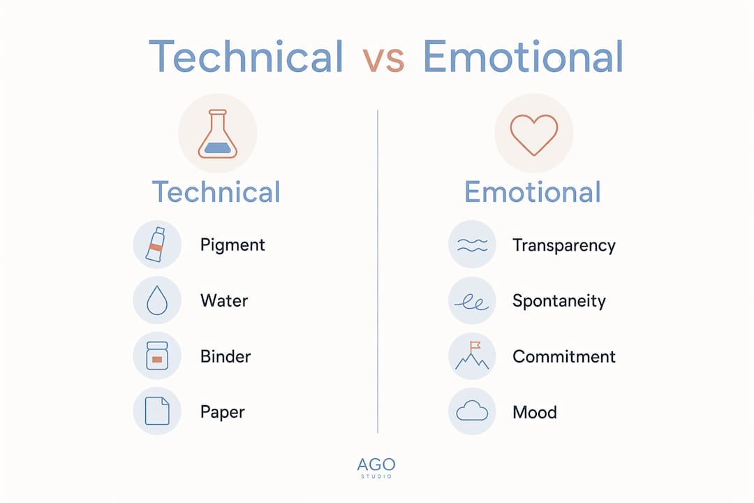 Infographic comparing technical and emotional aspects of watercolor art