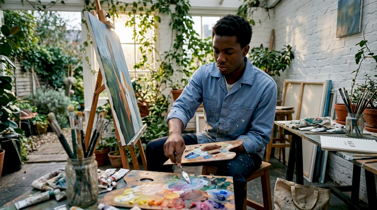 Artist mixing paints in cozy studio at dusk