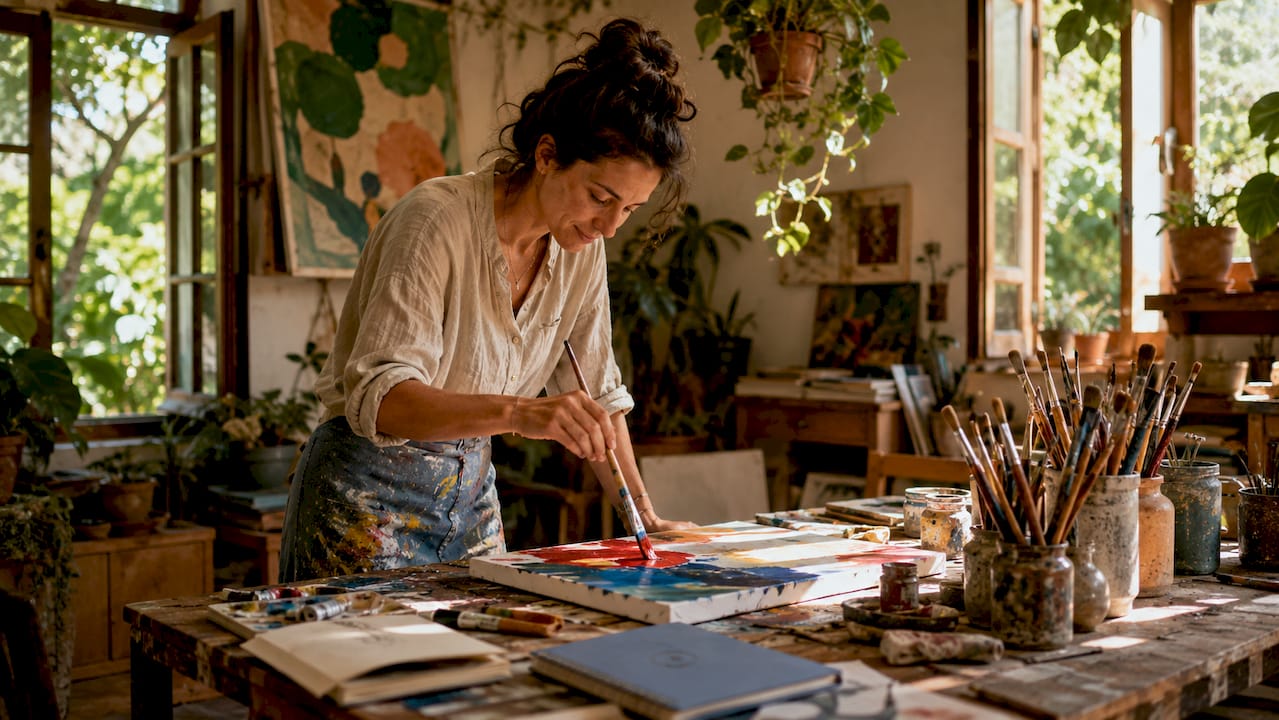 Artist mixing paint in informal studio