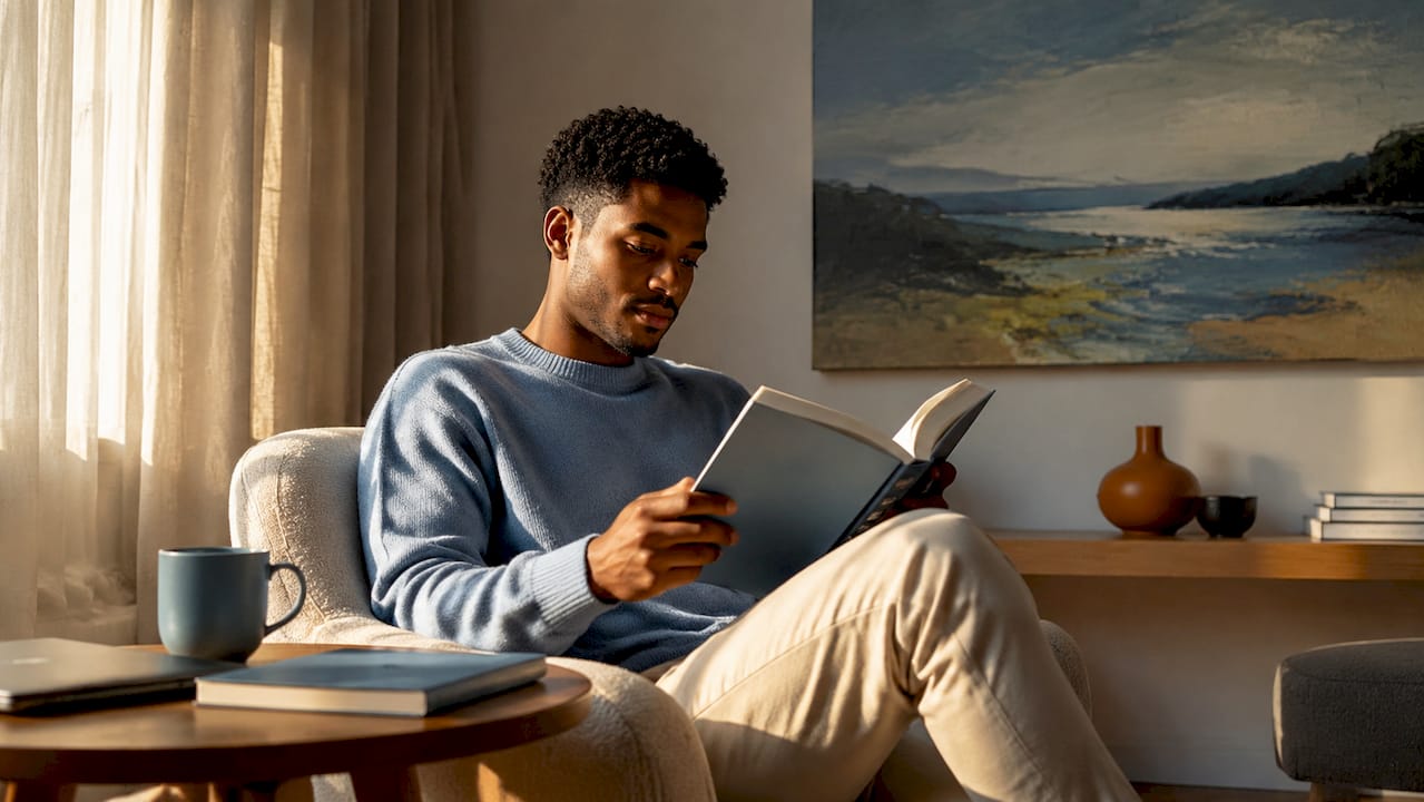 Young man studying psychology with artwork