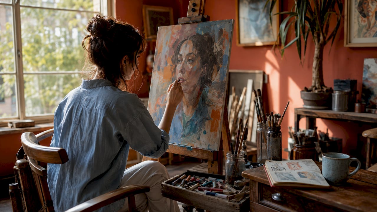 Overhead view of artist’s emotional art workspace