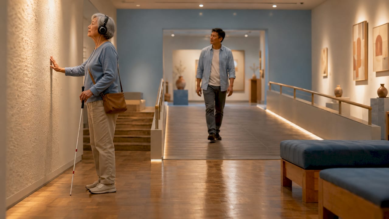 Visitors experiencing accessible art gallery features