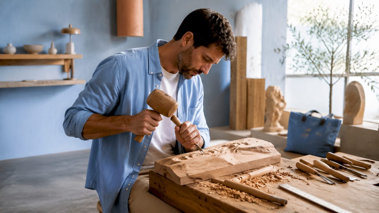 Sculptor hands carving wooden sculpture