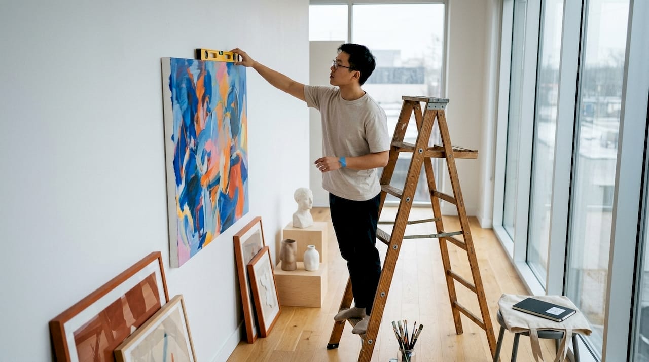 Man hanging large abstract art on gallery wall