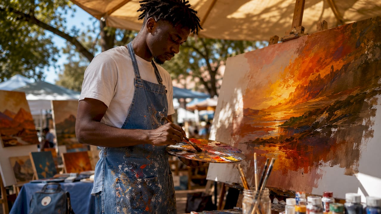 Painter mixing warm colors on palette in studio