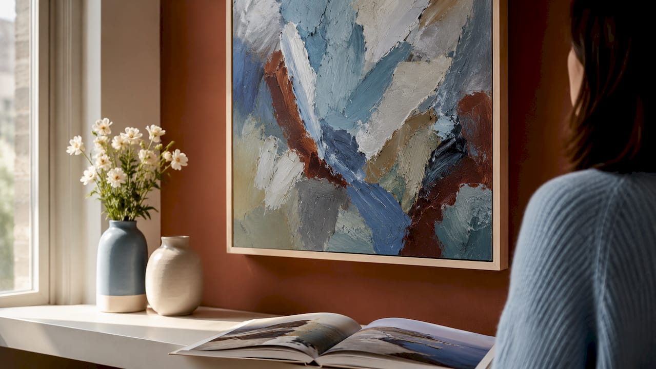 Close-up of textured original painting on wall