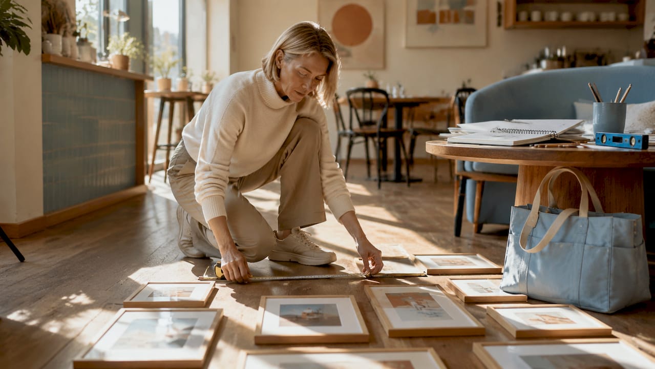 Designer planning gallery wall layout on floor