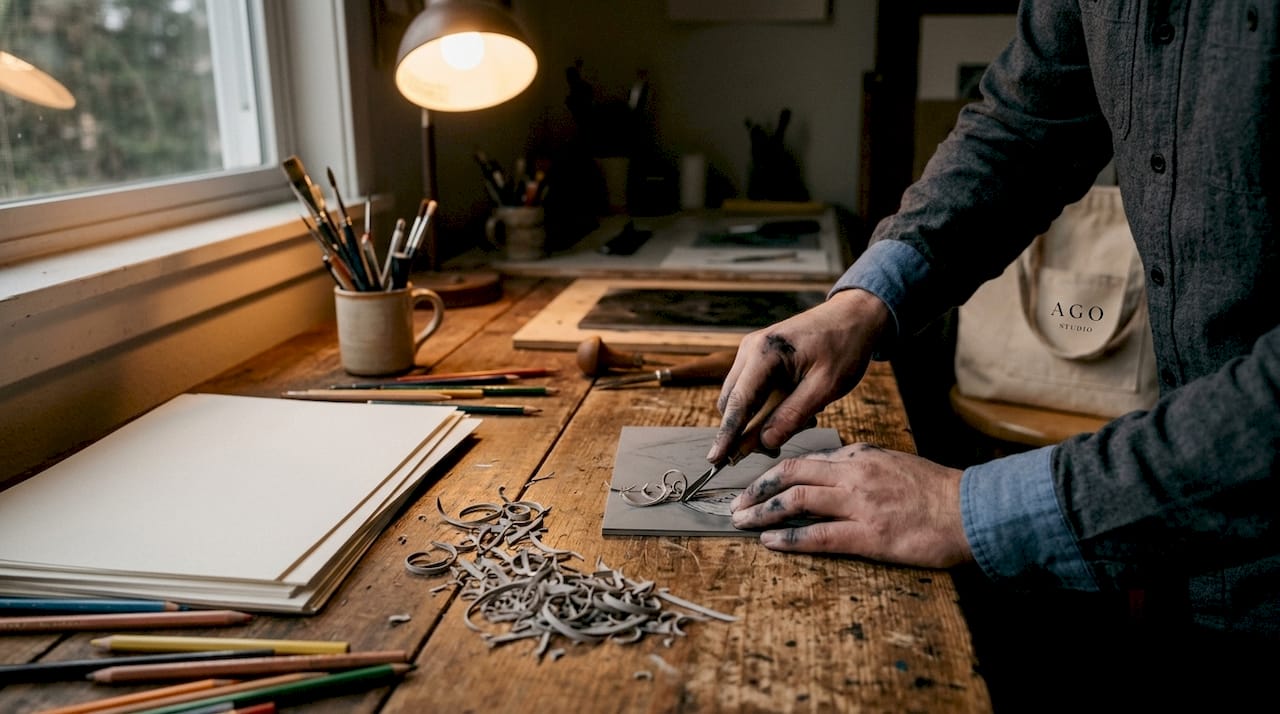 Hands carving linocut block with tool