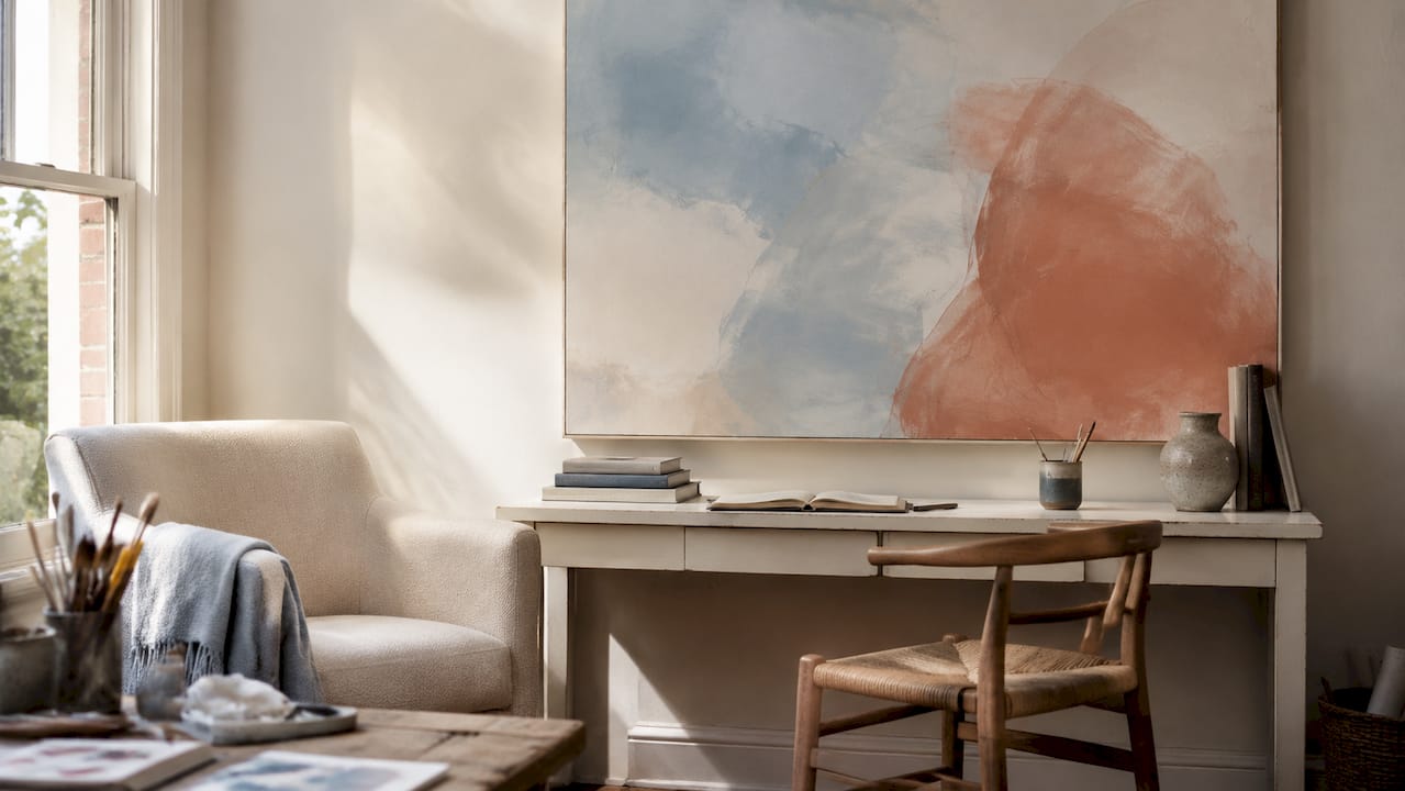 Large abstract painting above sofa in cozy room