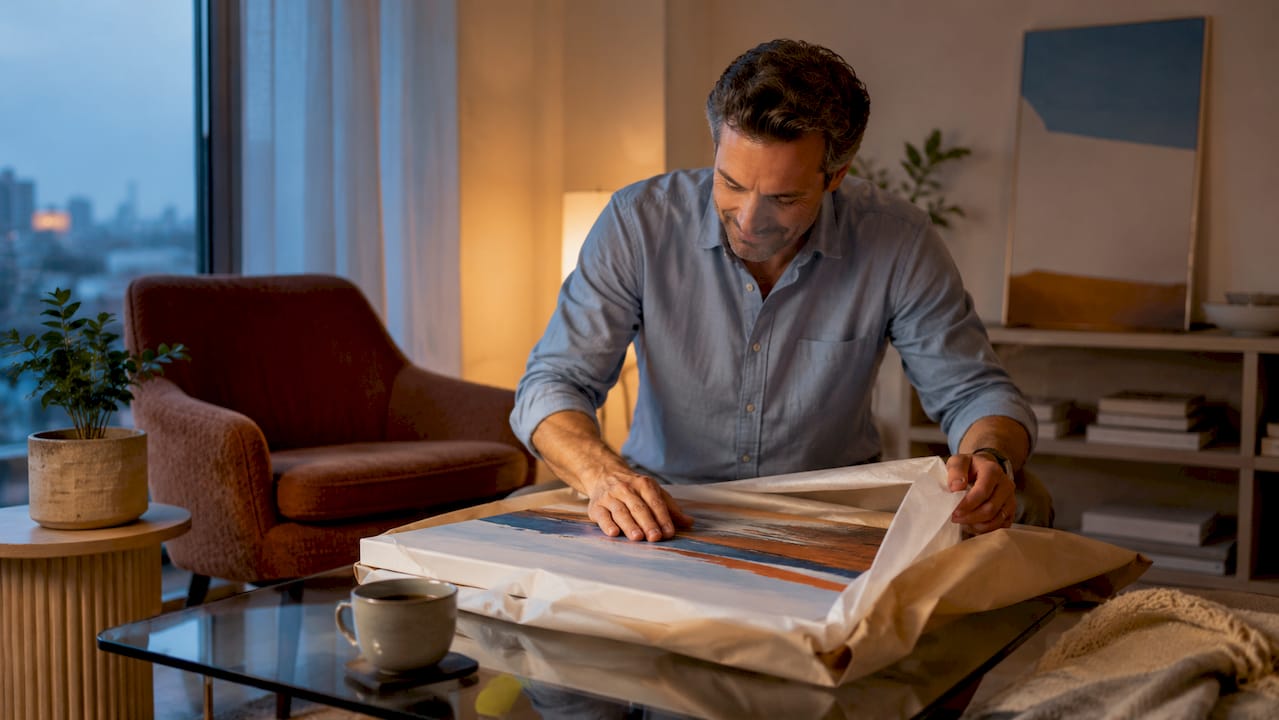 Man examining unwrapped canvas print at home desk