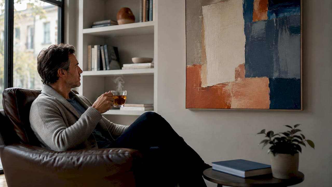 Man seated viewing oversized art in cozy study