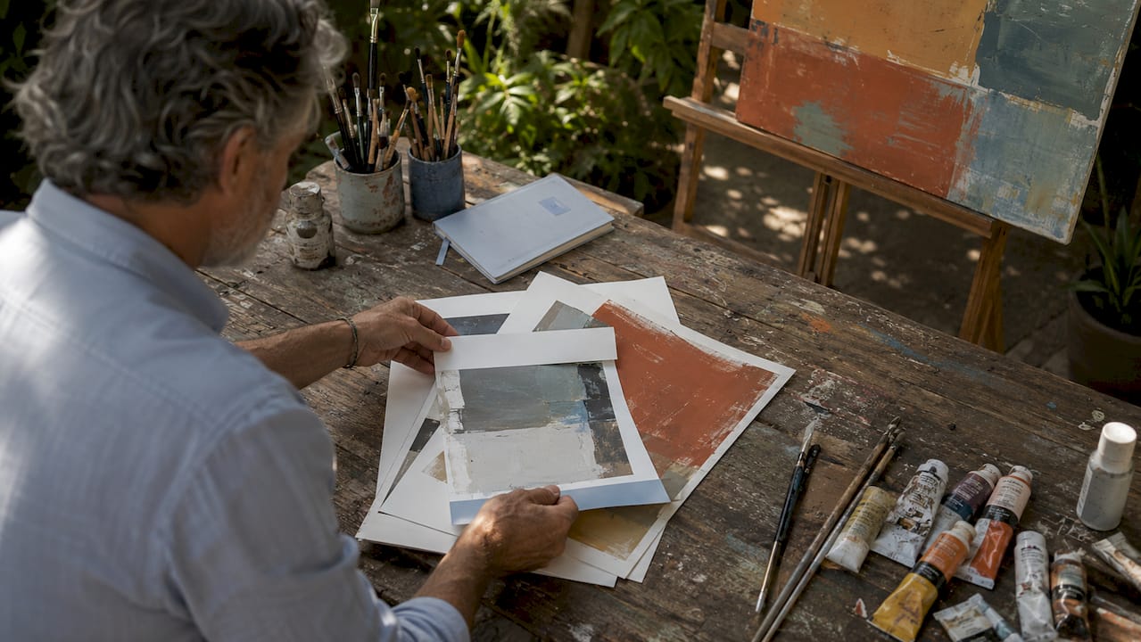 Artist preparing advocacy documents in studio