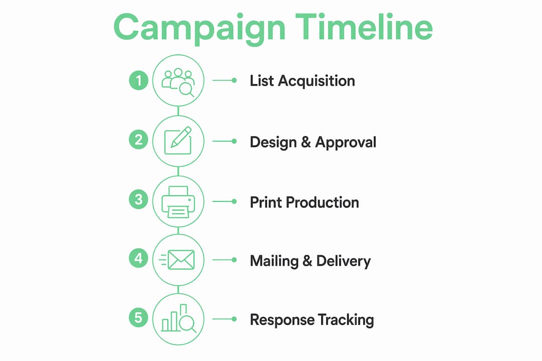 Infographic illustrating direct mail campaign timeline stages