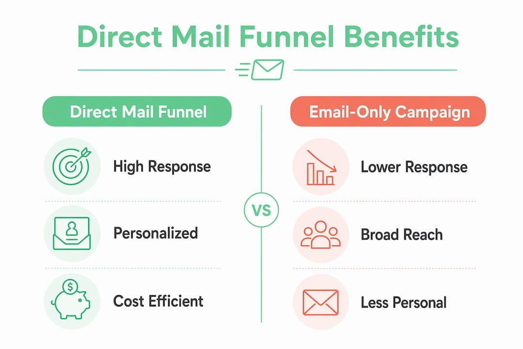 Infographic comparing direct mail funnels and email campaigns