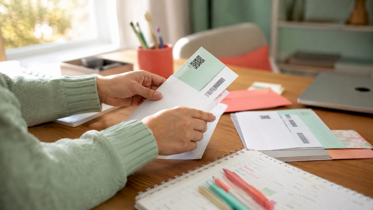 Hands sorting direct mail with tracking codes