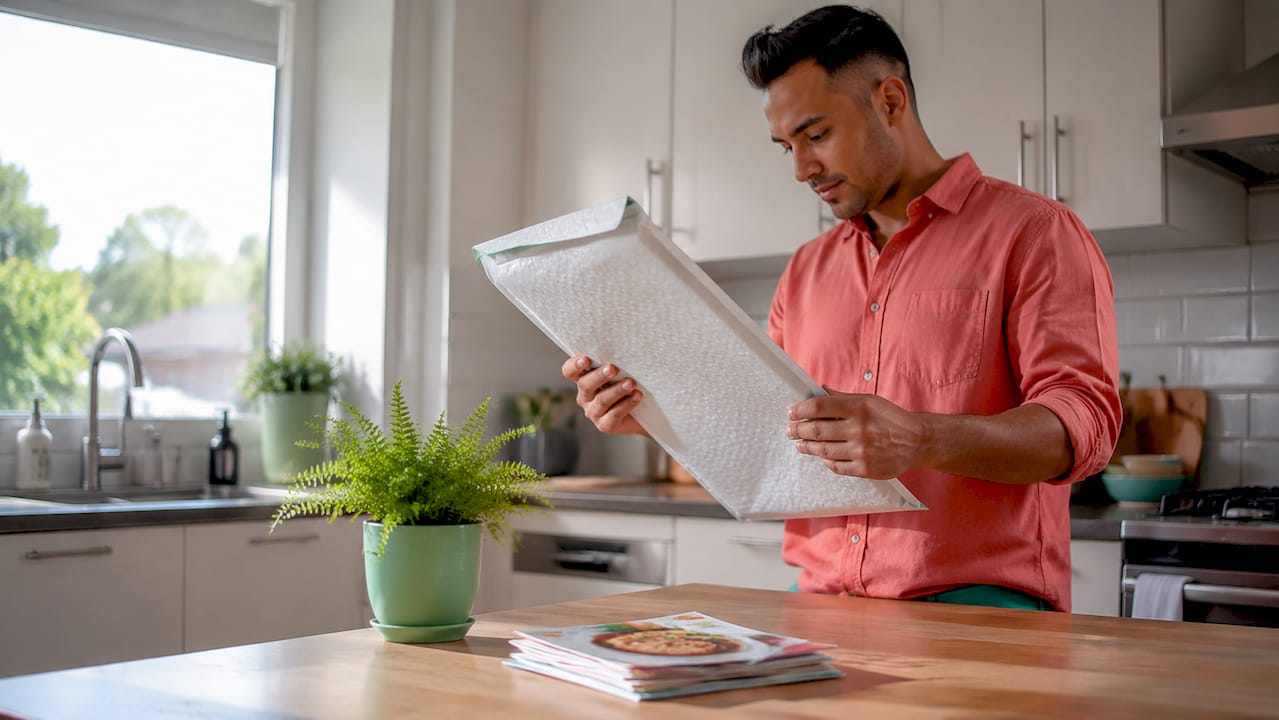 Hands holding oversized mail piece on desk