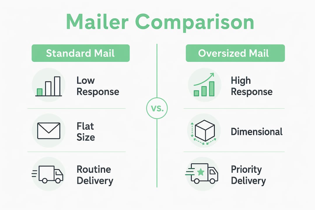 Infographic comparing standard and oversized mailer benefits