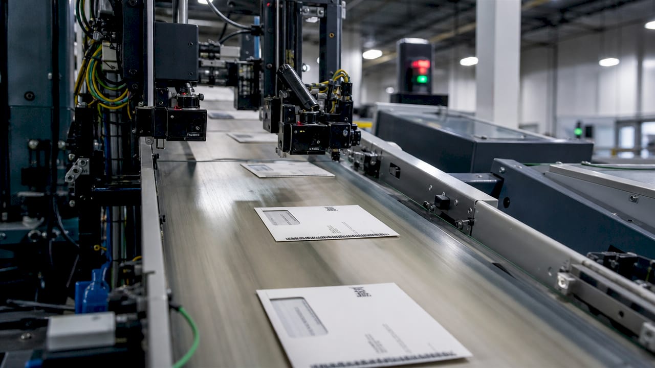 close-up OCR scanner reading mail envelopes