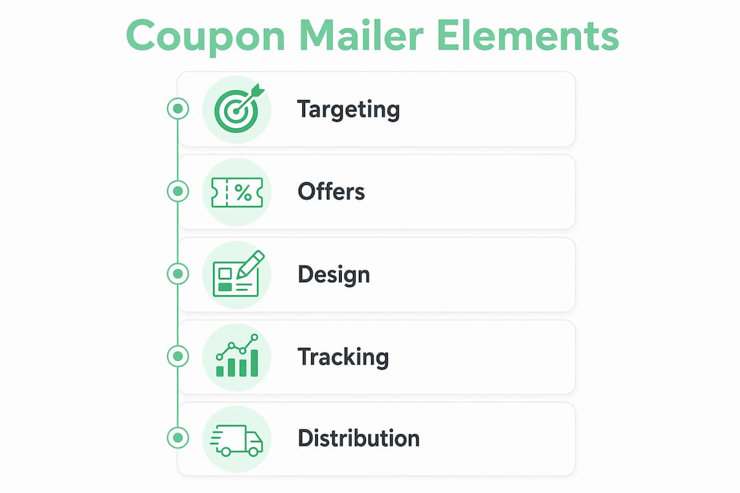 Infographic displaying coupon mailer components in a vertical flow