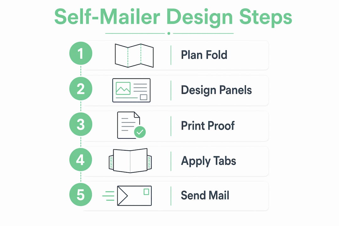 Infographic illustrating five key steps in self-mailer design and production process