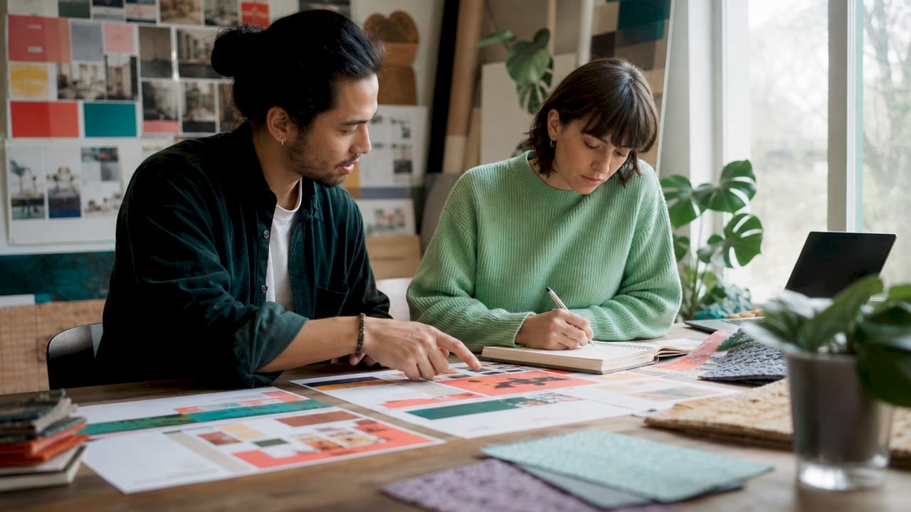 Designers collaborating on personalized mail flyers