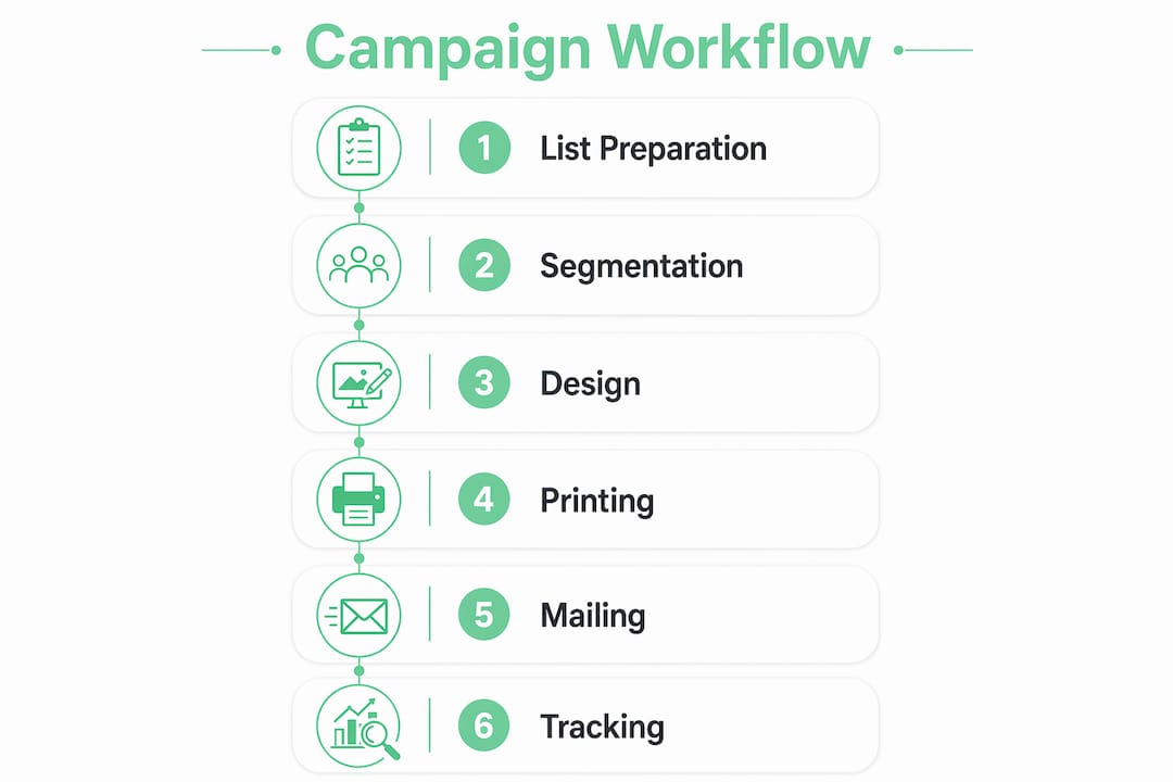 Infographic showing personalized direct mail campaign workflow