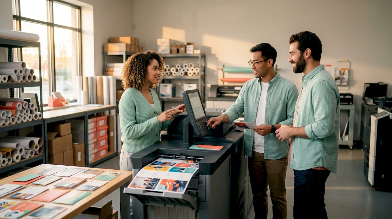 Hands operating digital printer with personalized postcards