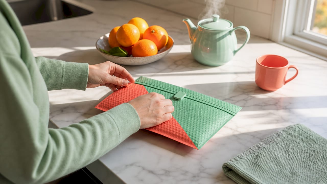 Hands interacting with tactile lumpy mailer