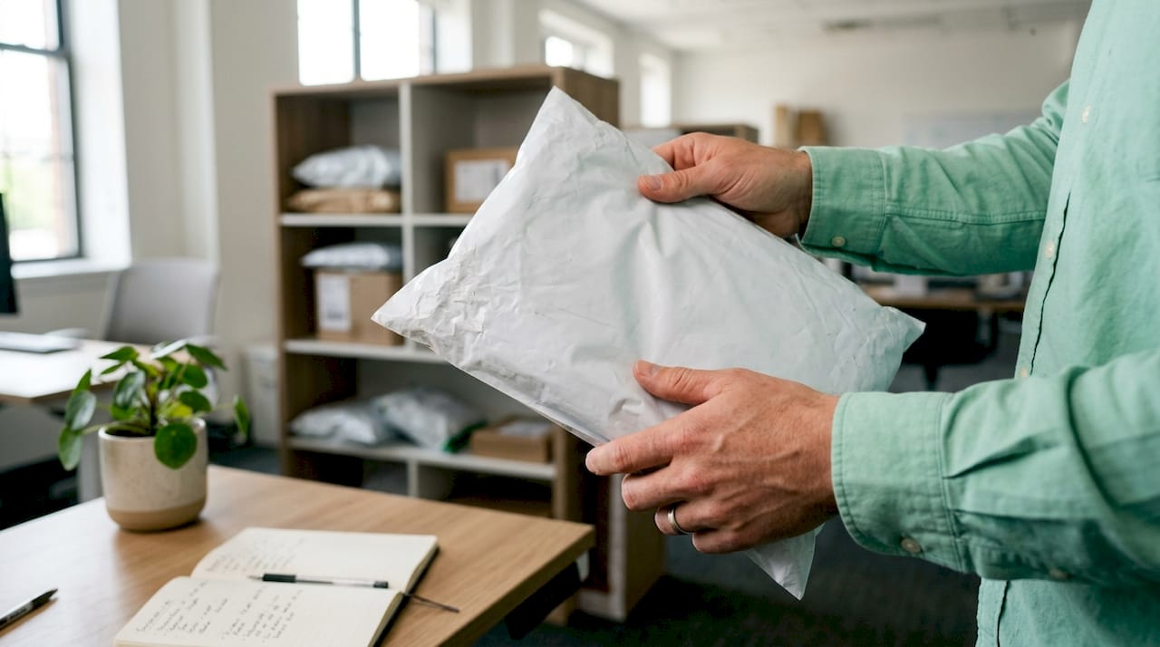 Close-up of hands holding standard poly mailer in warehouse