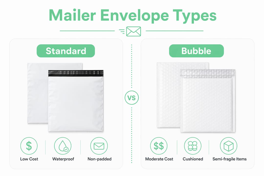Infographic comparing standard and bubble mailer envelopes