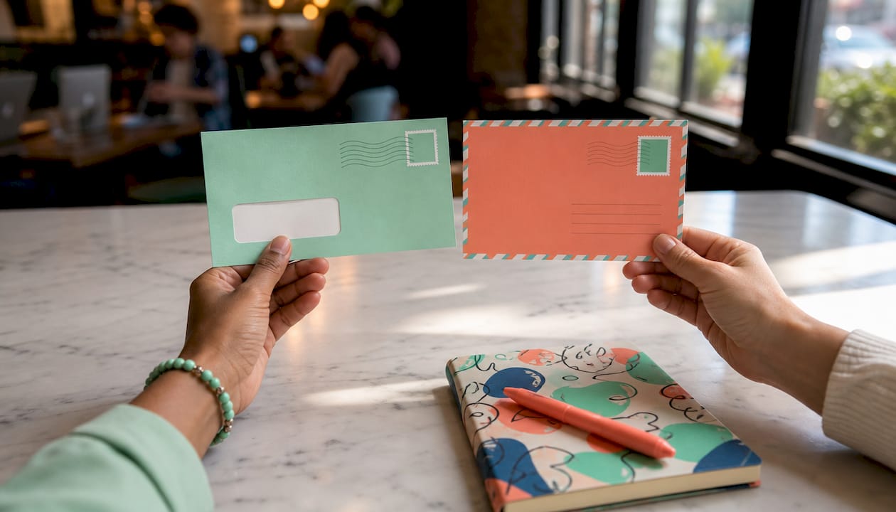 Close-up of hands holding multiple mail postcards