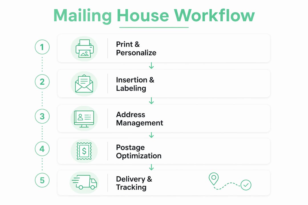 Infographic visualizing mailing house workflow steps