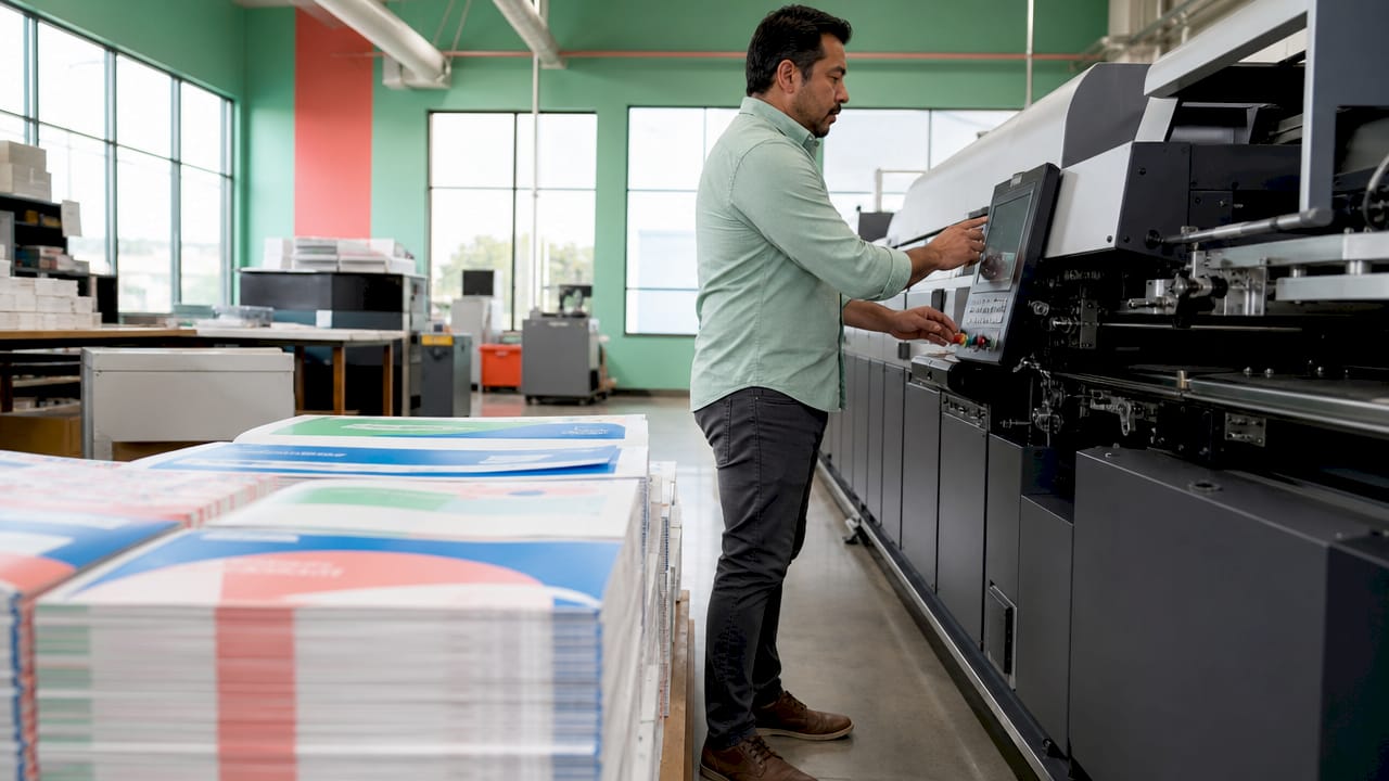 Technician operating digital printing machine