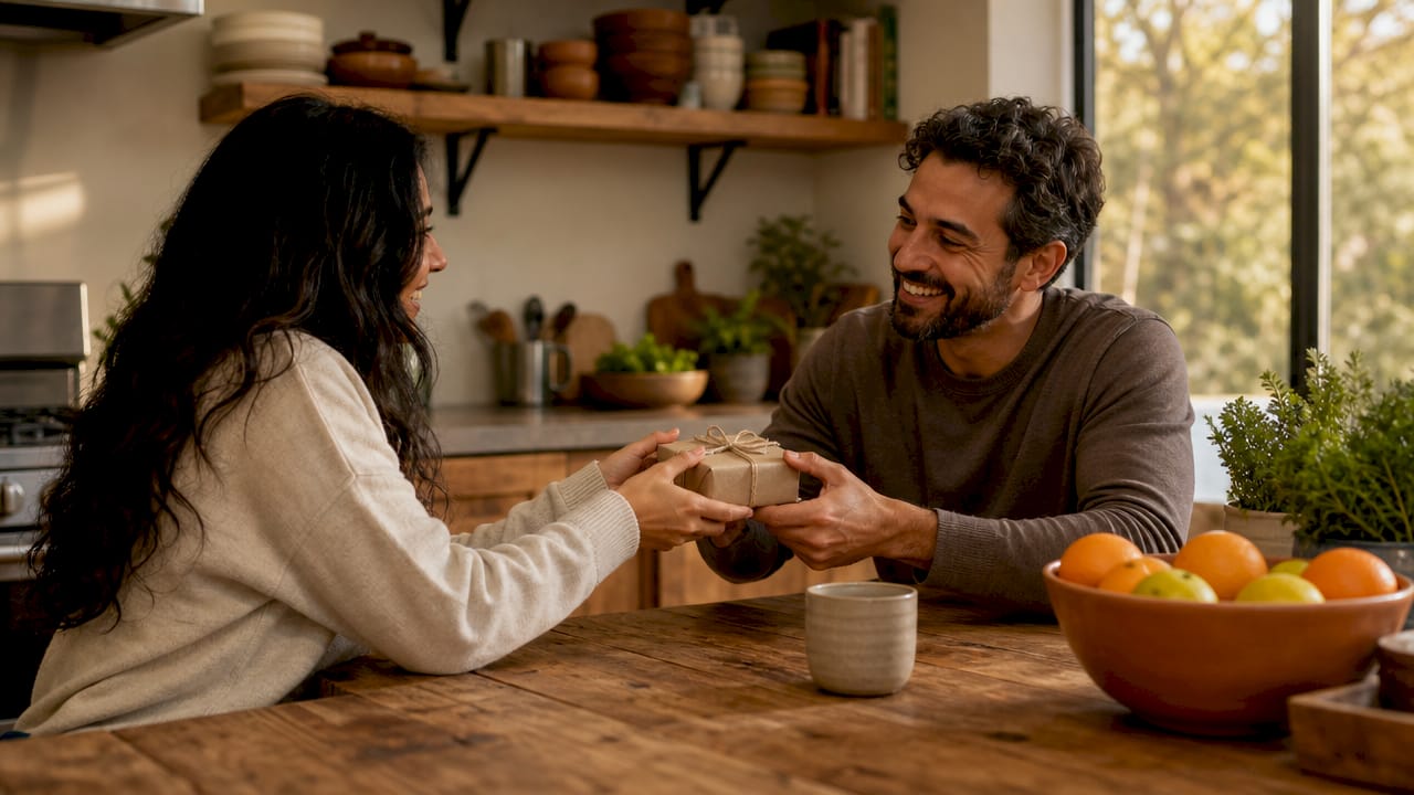 Couple exchanging appreciation gift at home