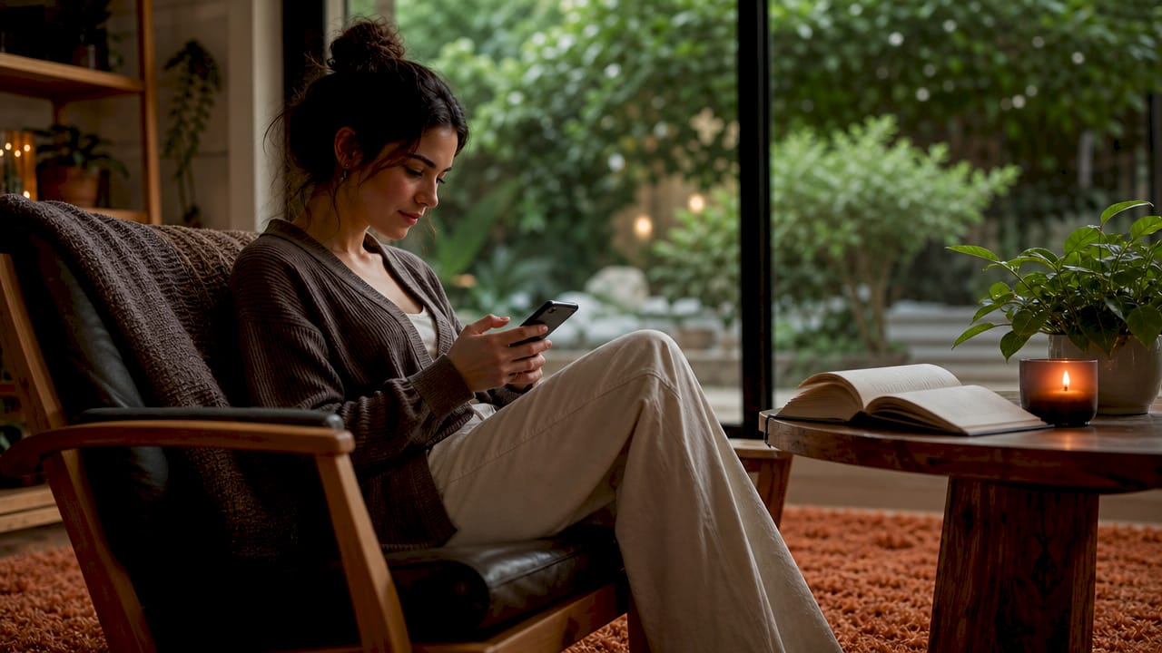 Woman thoughtfully typing message on smartphone at home