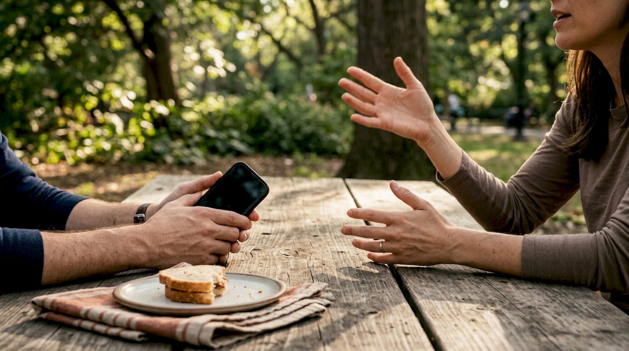 Two people discussing digital empathy over coffee outdoors