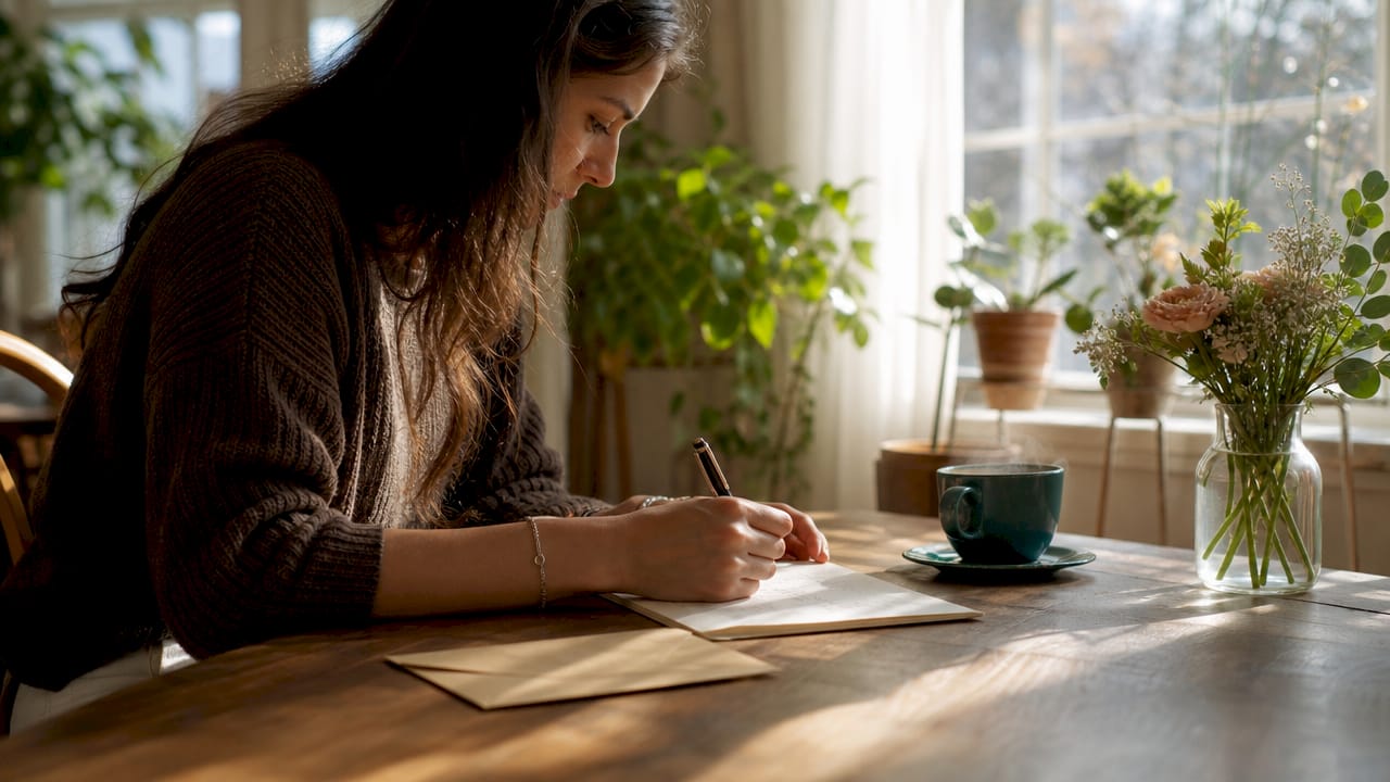 Hands writing thoughtful note on desk with tea and petals