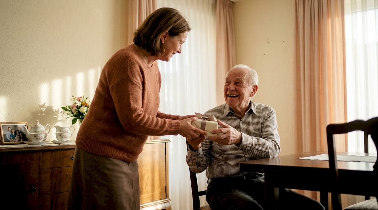Woman offering gift to elderly man in living room